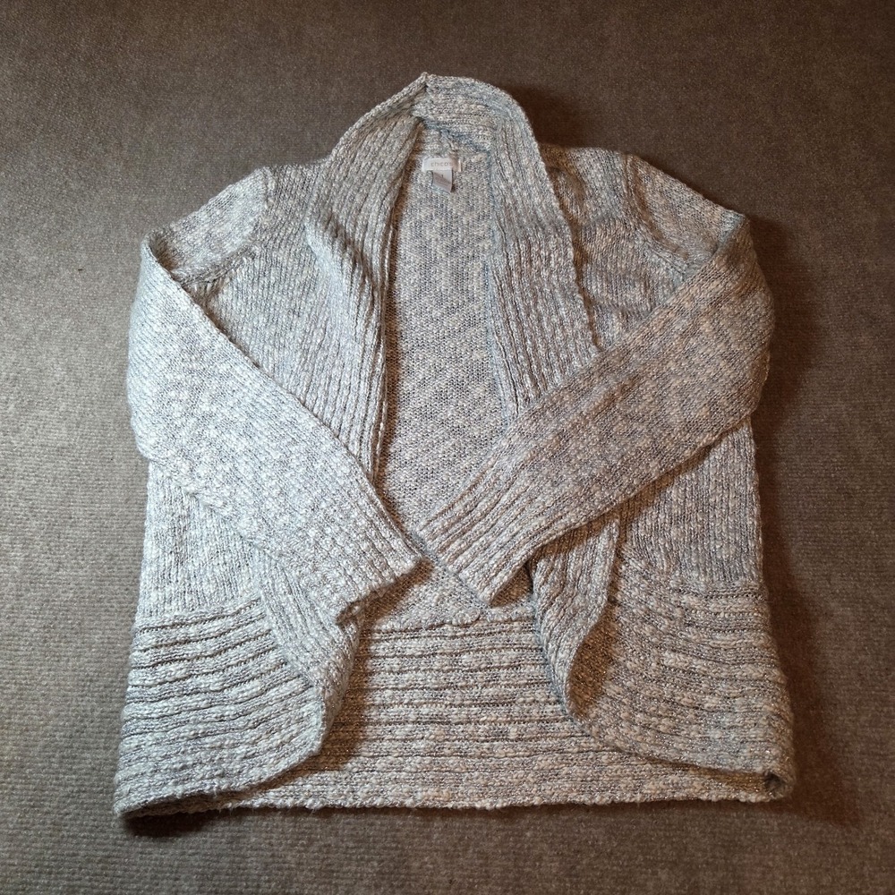 Chicos Silver Metallic Marled Open Front Cardigan Sweater Shawl Collar Size 1 M